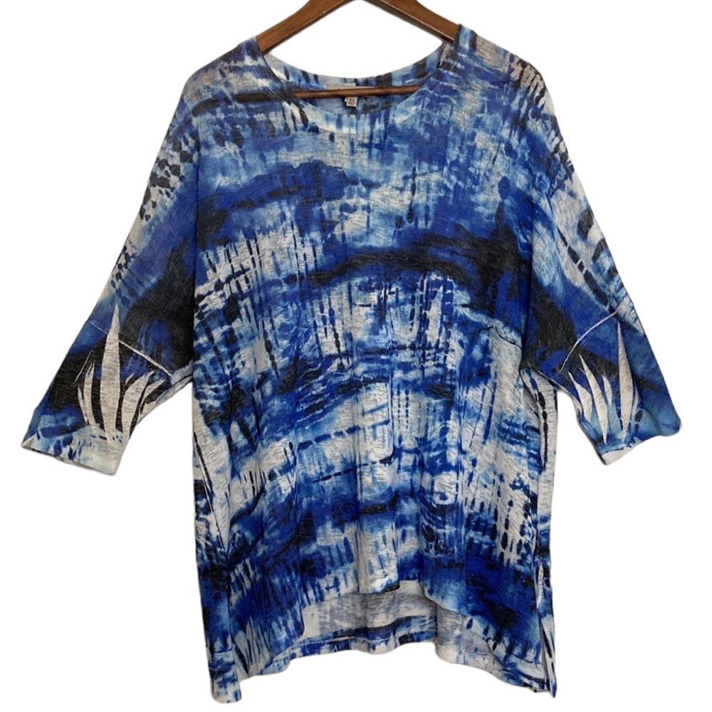 Jess and Jane Top Womens XL Blue White Tie Dye Gauze Half Sleeve Sheer Artsy